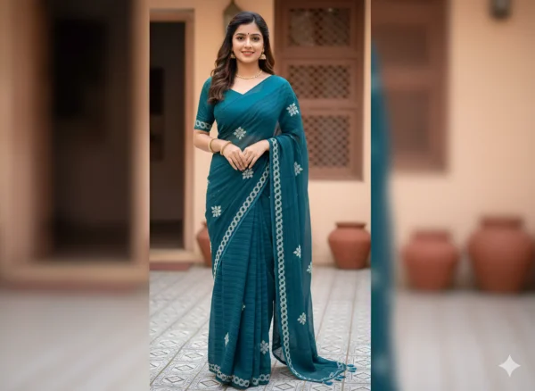 Teal Floral Whisper Saree