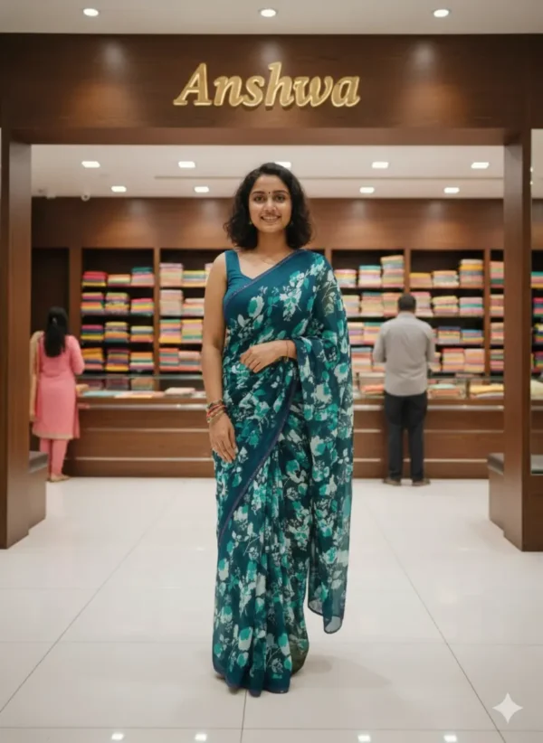 Floral Print Chiffon Saree (Peacock Green)