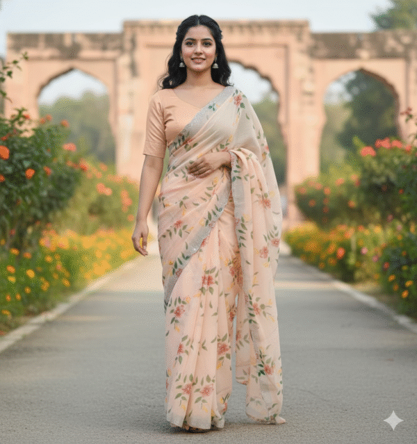 Rajasthani Floral Silk Saree - Peach Color