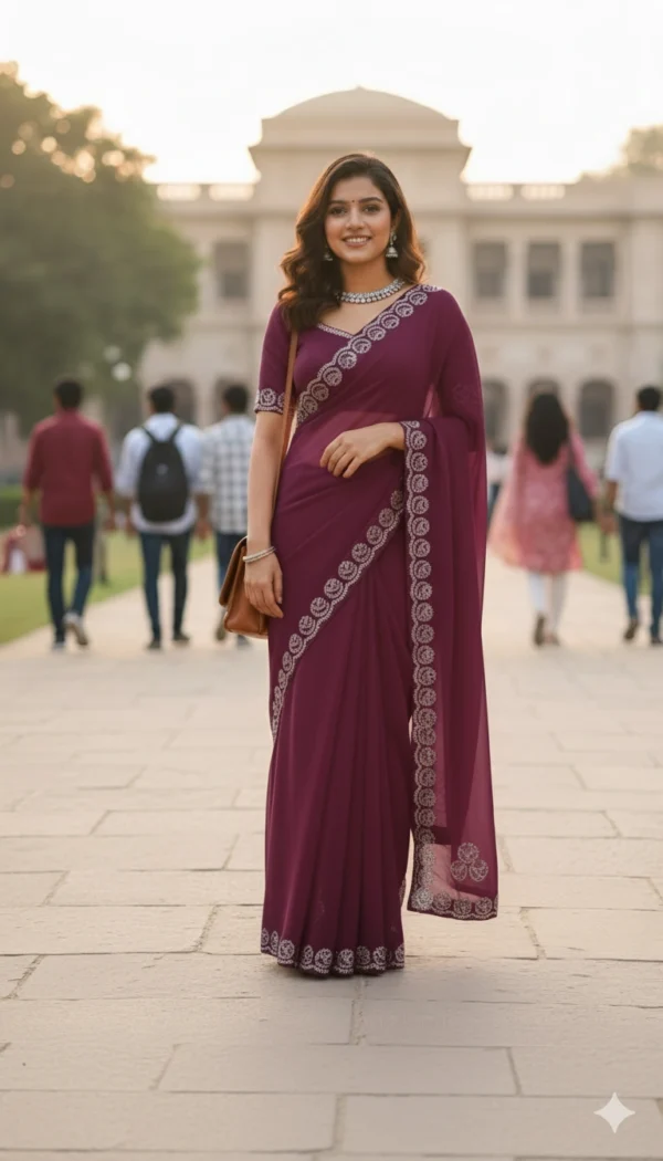 Royal Plum Purple Embroidered Chiffon Saree