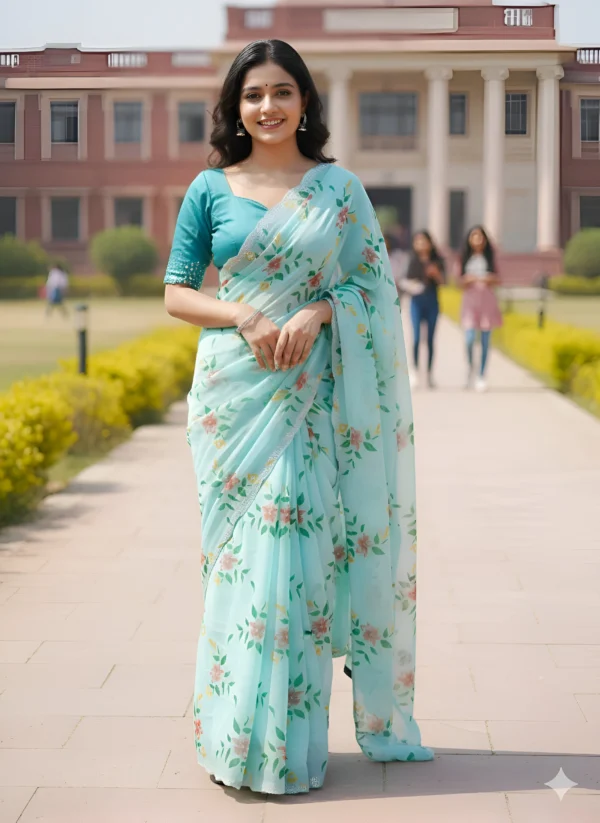 Elegant Mint Green Floral Georgette Saree
