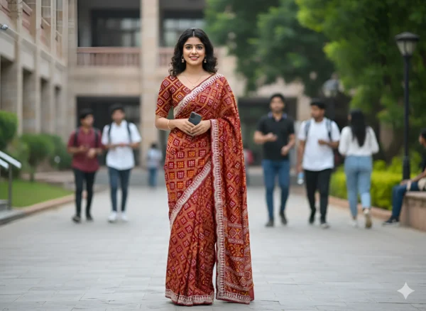 Vibrant Red and Gold Saree with Floral Designs